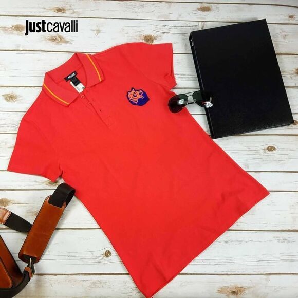 New Just Cavalli Men US XXS / EU 44 Polo T-Shirt Red Cotton Tiger Badge - Picture 2 of 4